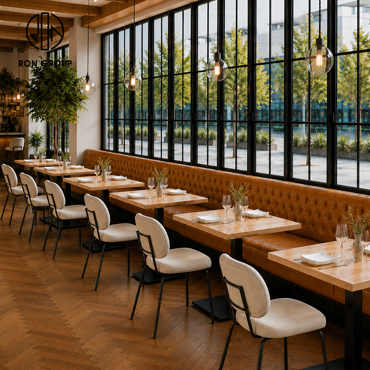 Modern Tufted Brown Leather Restaurant Booth Seating Set with Square Wood Tables and Cream Upholstered Chairs