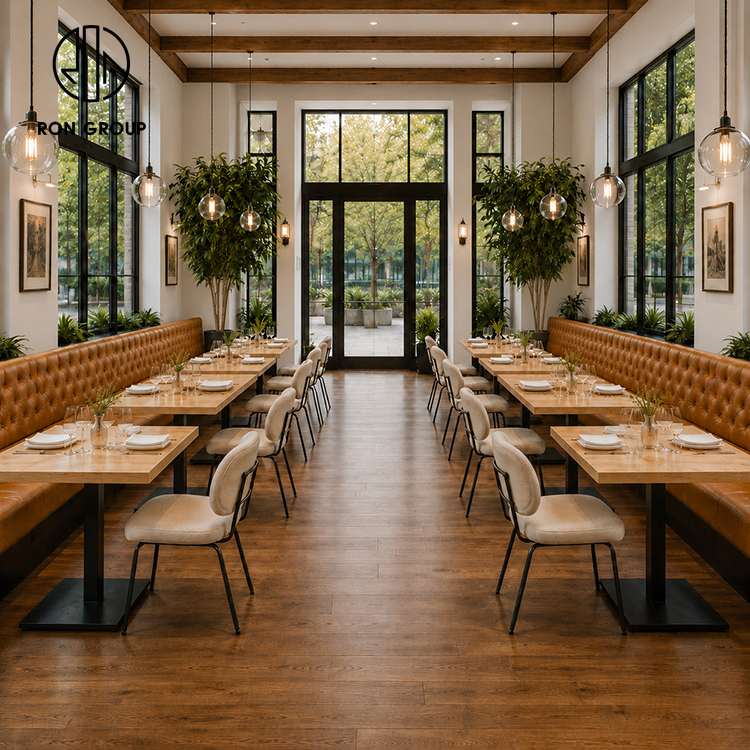 Modern Tufted Brown Leather Restaurant Booth Seating Set with Square Wood Tables and Cream Upholstered Chairs