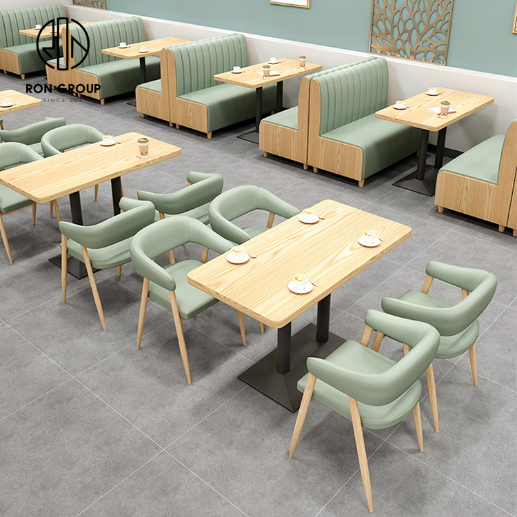 Modern Cafe Booth Seating Set With Wood Tables And Green Upholstered Chairs For Restaurants