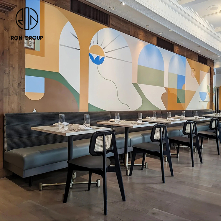 Vintage Leather Booth Seating Set With Solid Wood Tables And Black Metal Chairs For Restaurant