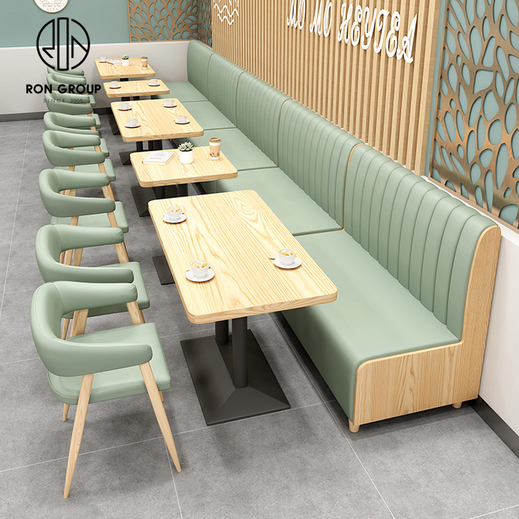 Modern Cafe Booth Seating Set With Wood Tables And Green Upholstered Chairs For Restaurants
