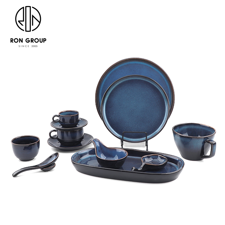 Deep Blue Reactive-Glaze Ceramic Dinnerware Set for Restaurants