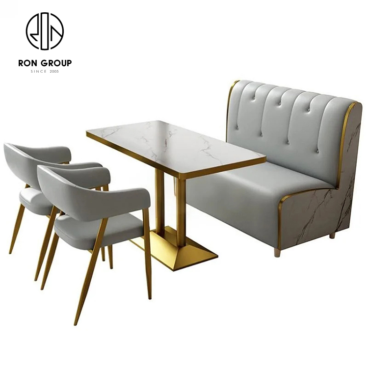 Luxury Marble Look Booth Seating Set With Gold Base Tables And Upholstered Chairs For Cafes