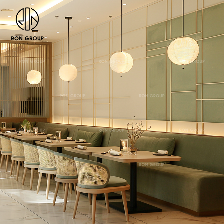 Nordic Green Velvet Booth Bench Seating with Rattan Chairs for Café and Restaurant Use