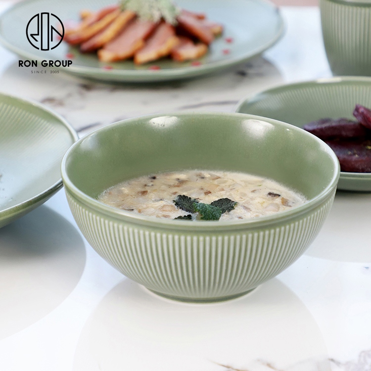 Light Green Ribbed Ceramic Soup Bowl for Hotels and Restaurants