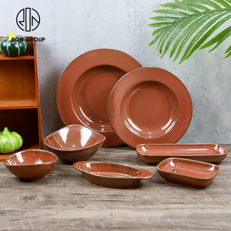 Rust Red Reactive Glaze Ceramic Dinnerware Set for Restaurants and Hotels