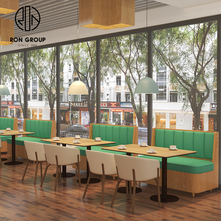 Green PU Booth Seating Set With Light Oak Wood Base Cafe Tables And Beige Dining Chairs For Restaurant