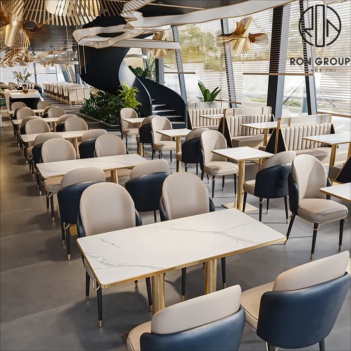 Luxury Gold Metal Booth Seating Set With Beige Upholstery Marble Look Tables And Two Tone Chairs