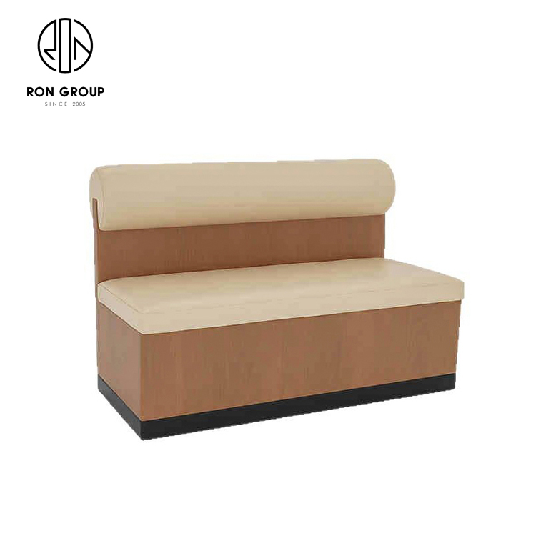 Light Oak Wood Booth Bench Seating Set With Beige Upholstery Black Pedestal Tables For Cafe