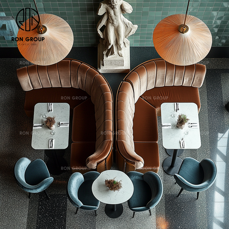 Half Circle Booth Seating Set With Walnut Wood Base Velvet Upholstery Round Marble Tables For Restaurant