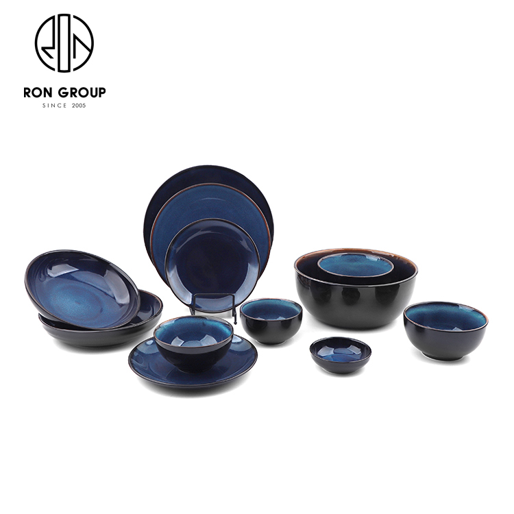Deep Blue Reactive-Glaze Ceramic Dinnerware Set for Restaurants