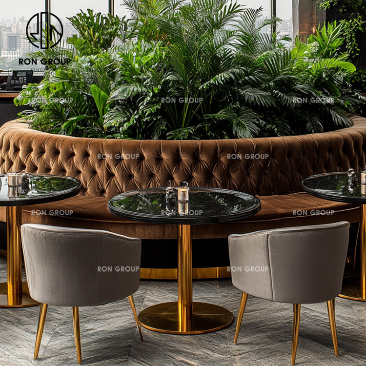 Half Circle Curved Booth Seating Set With Marble Tables And Lounge Chairs For Restaurants