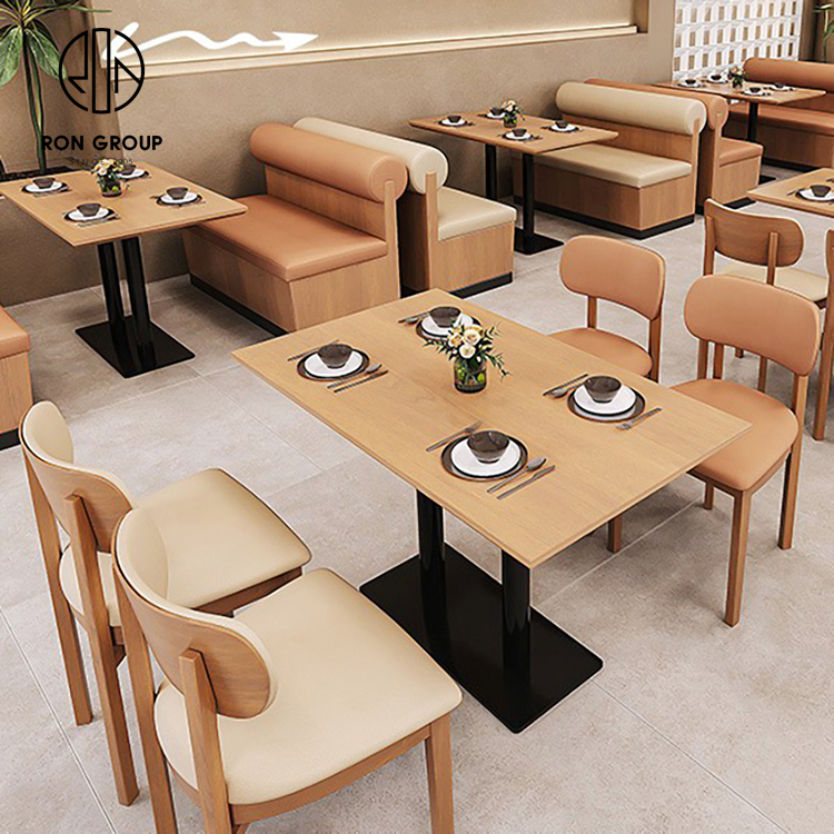 Light Oak Wood Booth Bench Seating Set With Beige Upholstery Black Pedestal Tables For Cafe