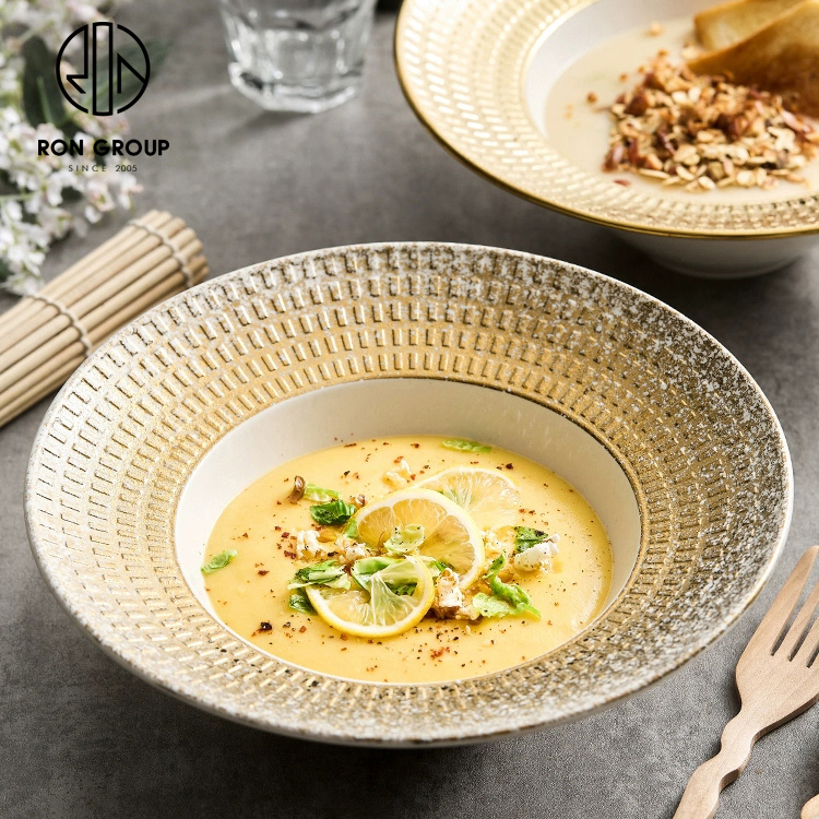 Luxury Golden Snowflake Porcelain Pasta Plate for Upscale Hotel Dining