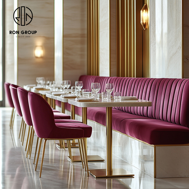 Luxury Burgundy Upholstered Restaurant Booth Seating Set with Marble Tables and Dining Chairs