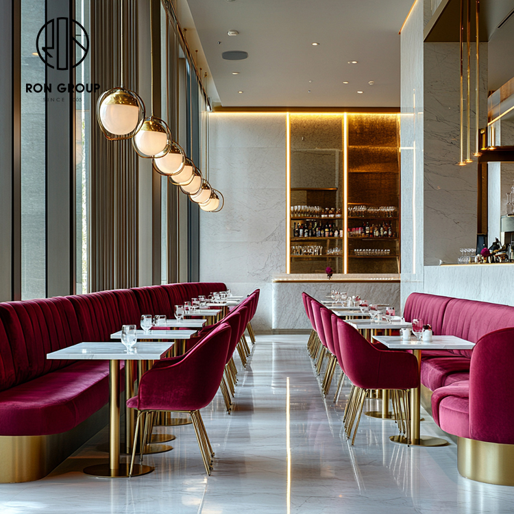 Luxury Burgundy Upholstered Restaurant Booth Seating Set with Marble Tables and Dining Chairs