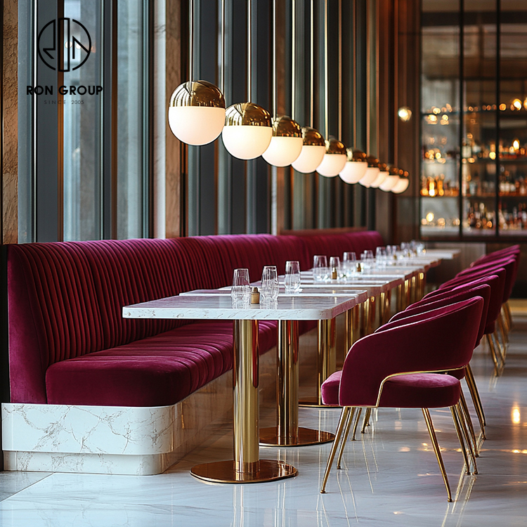 Luxury Burgundy Upholstered Restaurant Booth Seating Set with Marble Tables and Dining Chairs