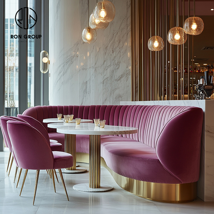 Luxury Burgundy Upholstered Restaurant Booth Seating Set with Marble Tables and Dining Chairs
