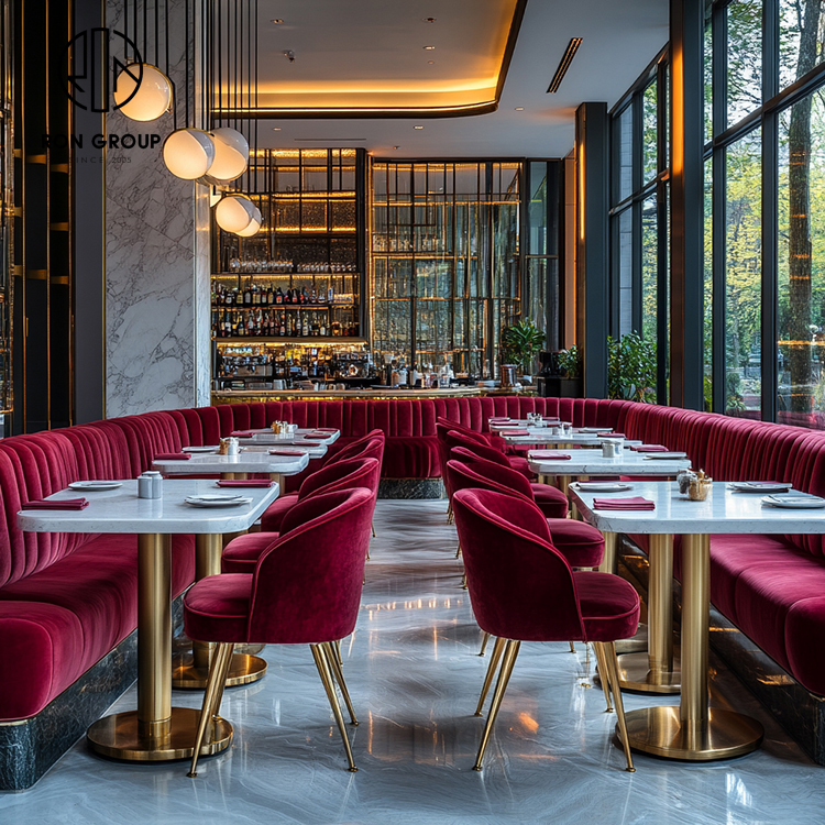Luxury Burgundy Upholstered Restaurant Booth Seating Set with Marble Tables and Dining Chairs