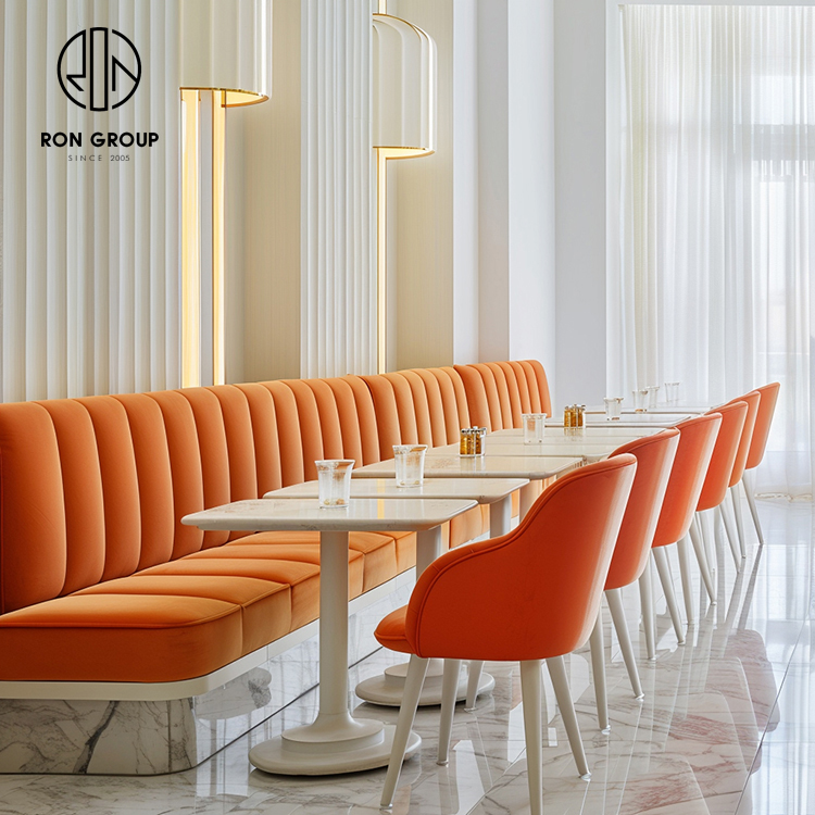 Modern Orange Cafe Restaurant Booth Seating Set with Marble Tables and Dining Chairs