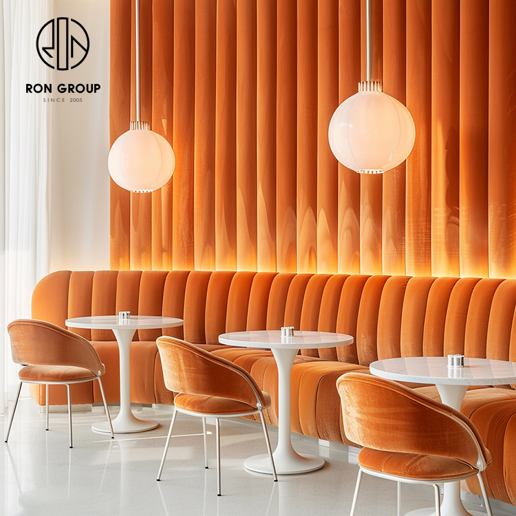 Modern Orange Cafe Restaurant Booth Seating Set with Marble Tables and Dining Chairs