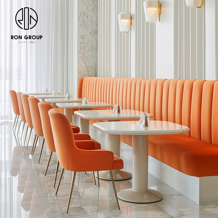 Modern Orange Cafe Restaurant Booth Seating Set with Marble Tables and Dining Chairs