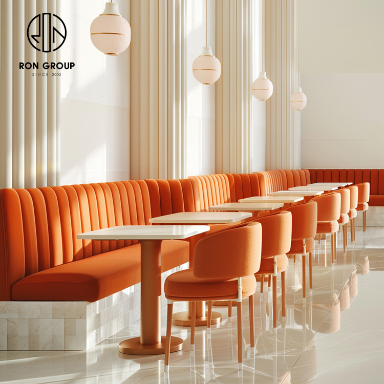 Modern Orange Cafe Restaurant Booth Seating Set with Marble Tables and Dining Chairs