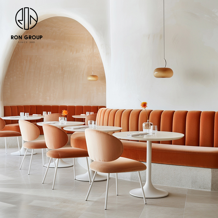 Modern Orange Cafe Restaurant Booth Seating Set with Marble Tables and Dining Chairs