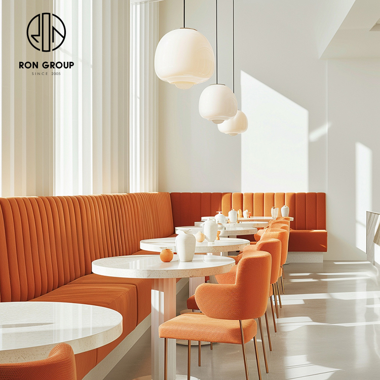 Modern Orange Cafe Restaurant Booth Seating Set with Marble Tables and Dining Chairs
