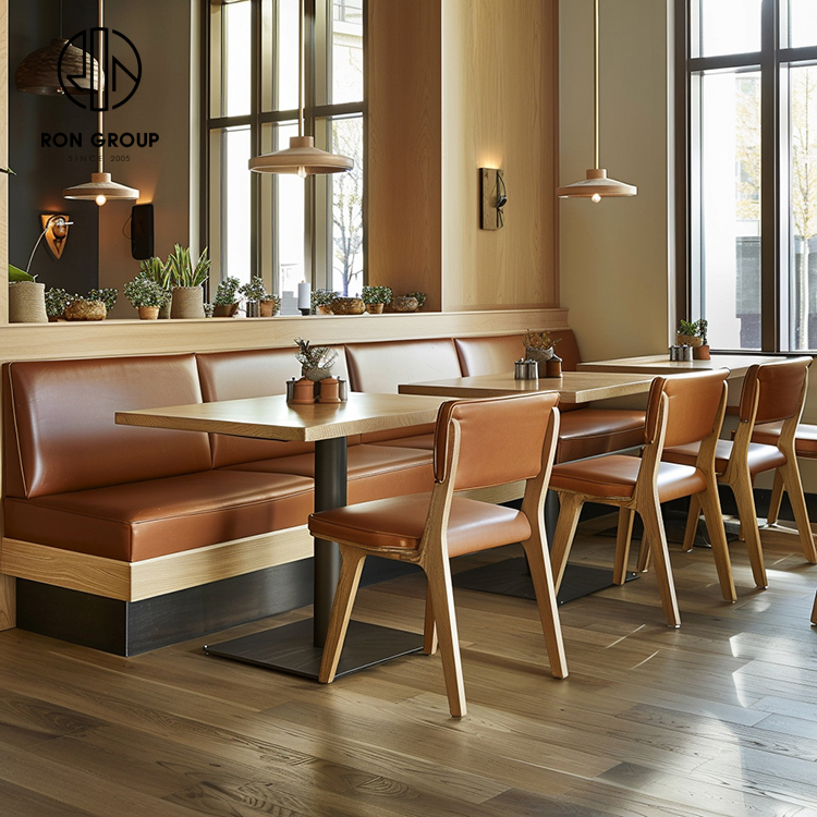 Brown Leather Restaurant Booth Seating Set with Wooden Tables and Dining Chairs