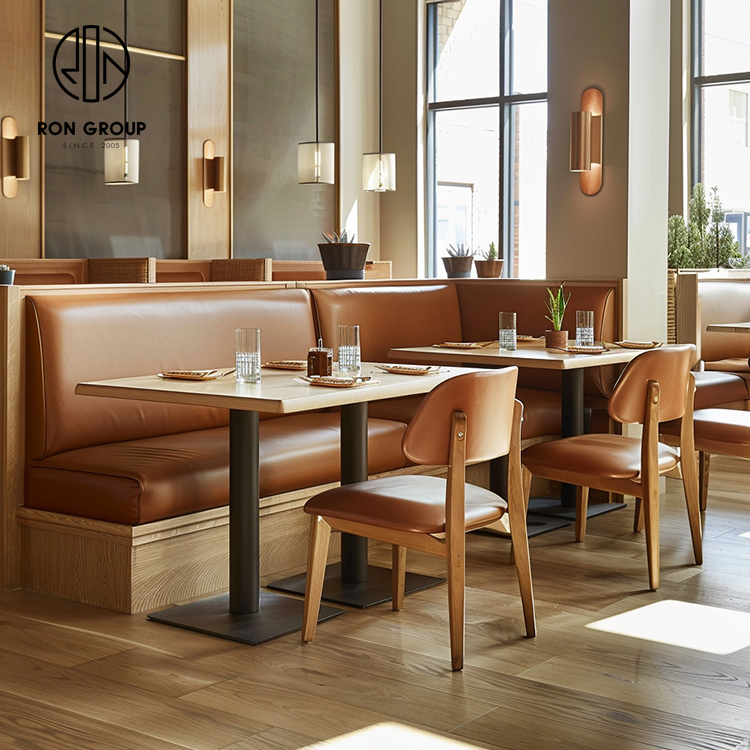 Brown Leather Restaurant Booth Seating Set with Wooden Tables and Dining Chairs