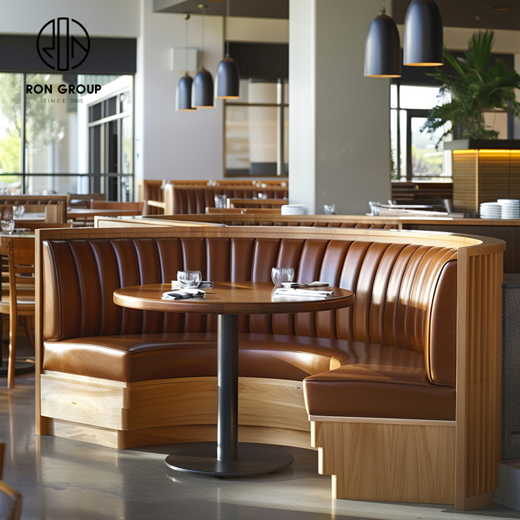 Brown Leather Restaurant Booth Seating Set with Wooden Tables and Dining Chairs