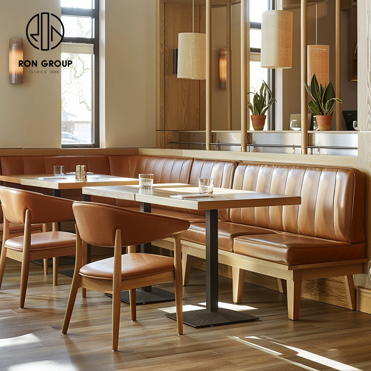 Brown Leather Restaurant Booth Seating Set with Wooden Tables and Dining Chairs