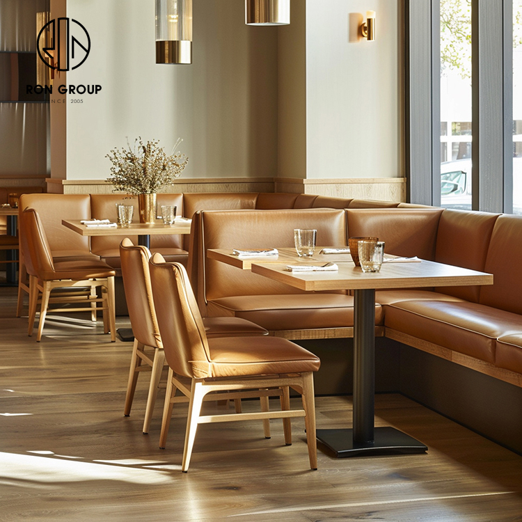 Brown Leather Restaurant Booth Seating Set with Wooden Tables and Dining Chairs