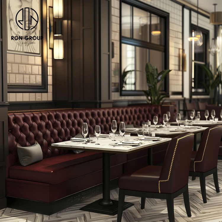 Luxury Burgundy Tufted Leather Restaurant Booth Seating with Marble Dining Tables