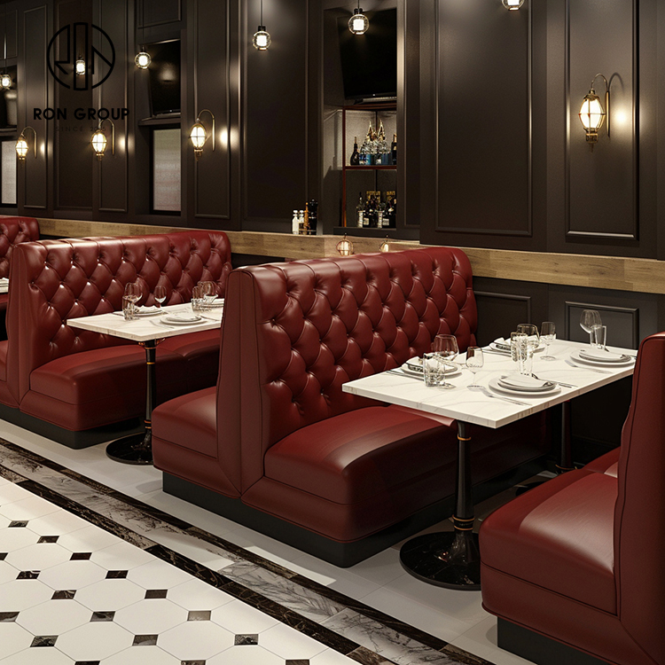 Luxury Burgundy Tufted Leather Restaurant Booth Seating with Marble Dining Tables