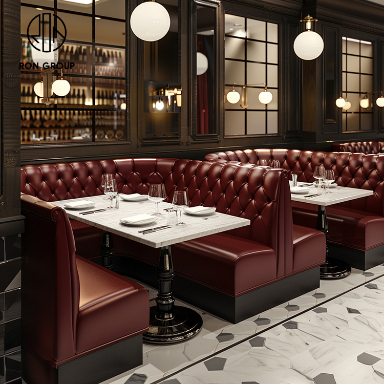 Luxury Burgundy Tufted Leather Restaurant Booth Seating with Marble Dining Tables