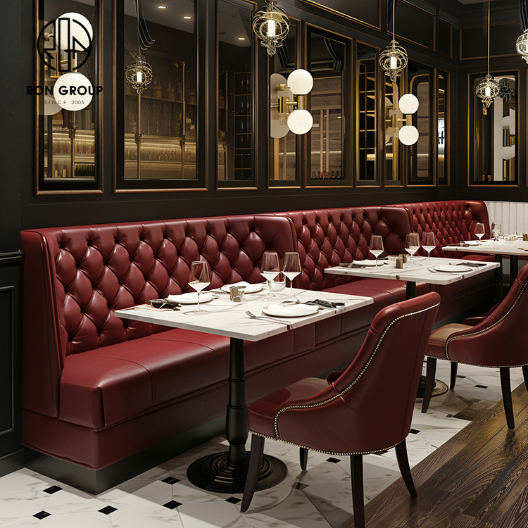 Luxury Burgundy Tufted Leather Restaurant Booth Seating with Marble Dining Tables