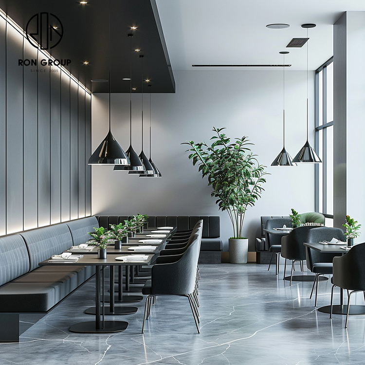 Modern Grey Curved Restaurant Booth Seating Set with Black Dining Tables and Chairs