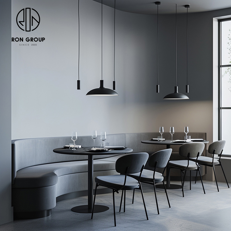Modern Grey Curved Restaurant Booth Seating Set with Black Dining Tables and Chairs