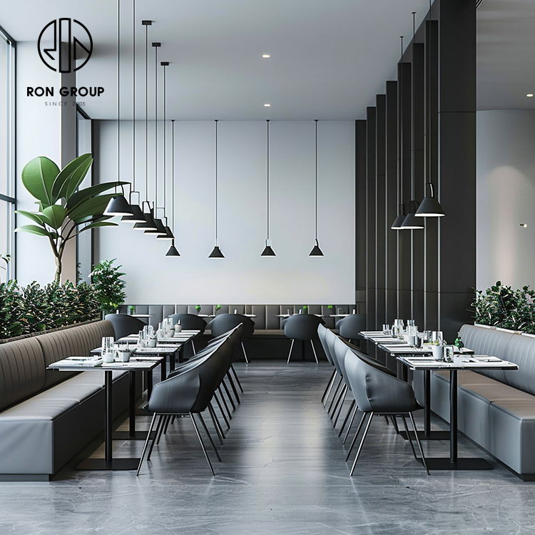 Modern Grey Curved Restaurant Booth Seating Set with Black Dining Tables and Chairs