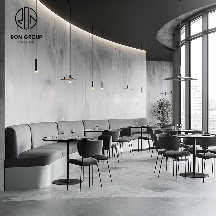 Modern Grey Curved Restaurant Booth Seating Set with Black Dining Tables and Chairs