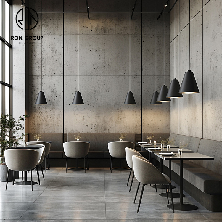 Modern Grey Curved Restaurant Booth Seating Set with Black Dining Tables and Chairs