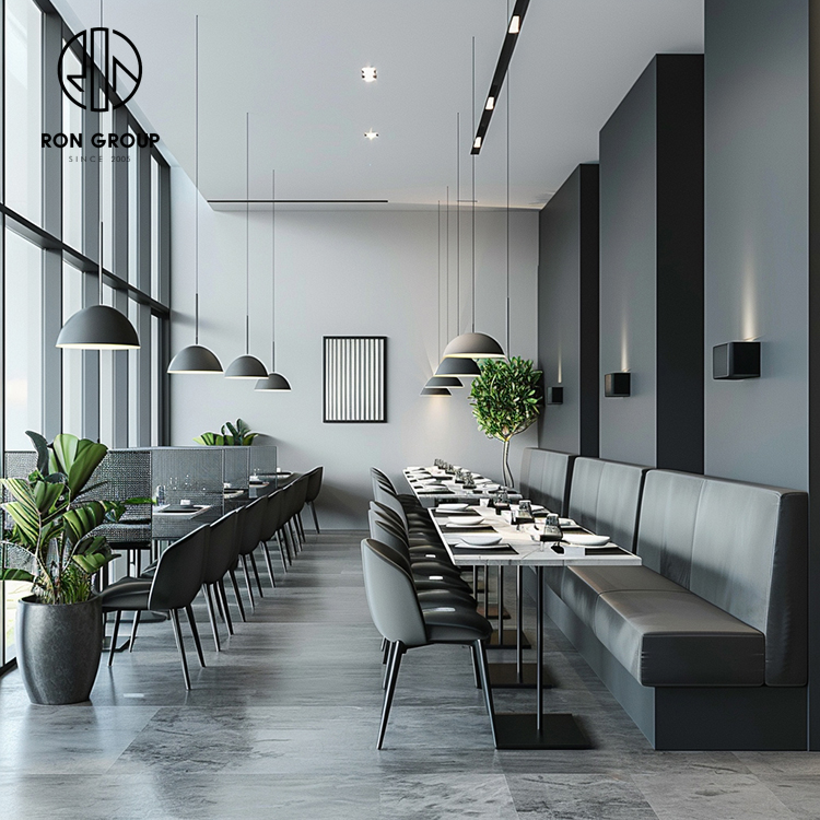 Modern Grey Curved Restaurant Booth Seating Set with Black Dining Tables and Chairs