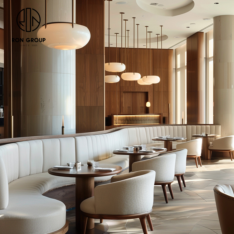 Cream Upholstered Curved Restaurant Booth Seating Set with Walnut Tables and Dining Chairs