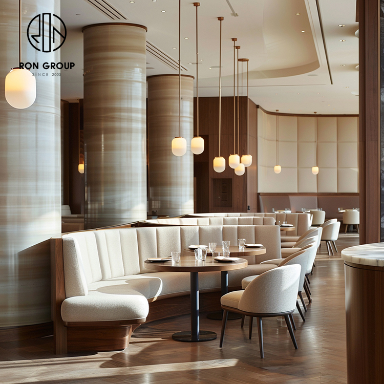 Cream Upholstered Curved Restaurant Booth Seating Set with Walnut Tables and Dining Chairs