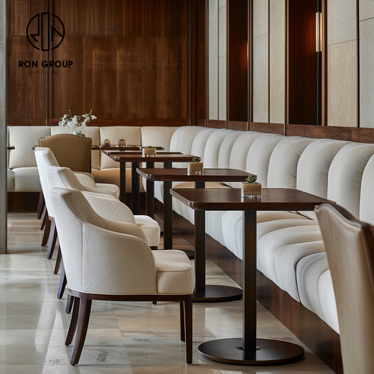 Cream Upholstered Curved Restaurant Booth Seating Set with Walnut Tables and Dining Chairs