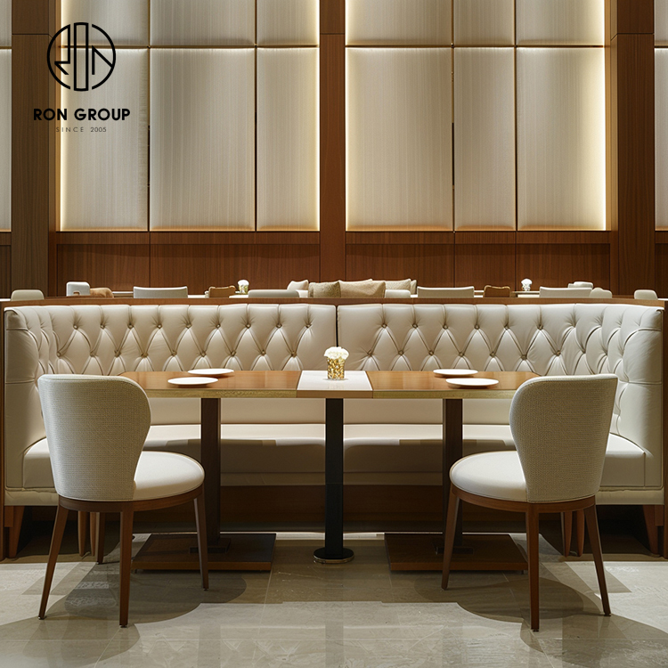 Cream Upholstered Curved Restaurant Booth Seating Set with Walnut Tables and Dining Chairs