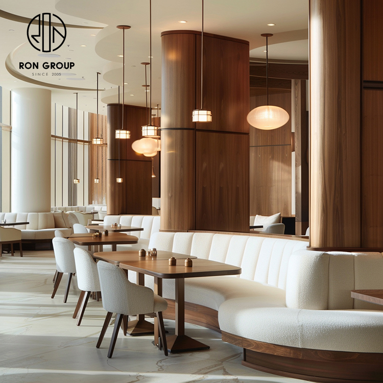 Cream Upholstered Curved Restaurant Booth Seating Set with Walnut Tables and Dining Chairs