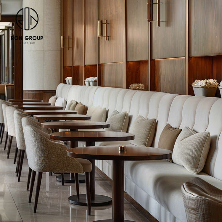 Cream Upholstered Curved Restaurant Booth Seating Set with Walnut Tables and Dining Chairs